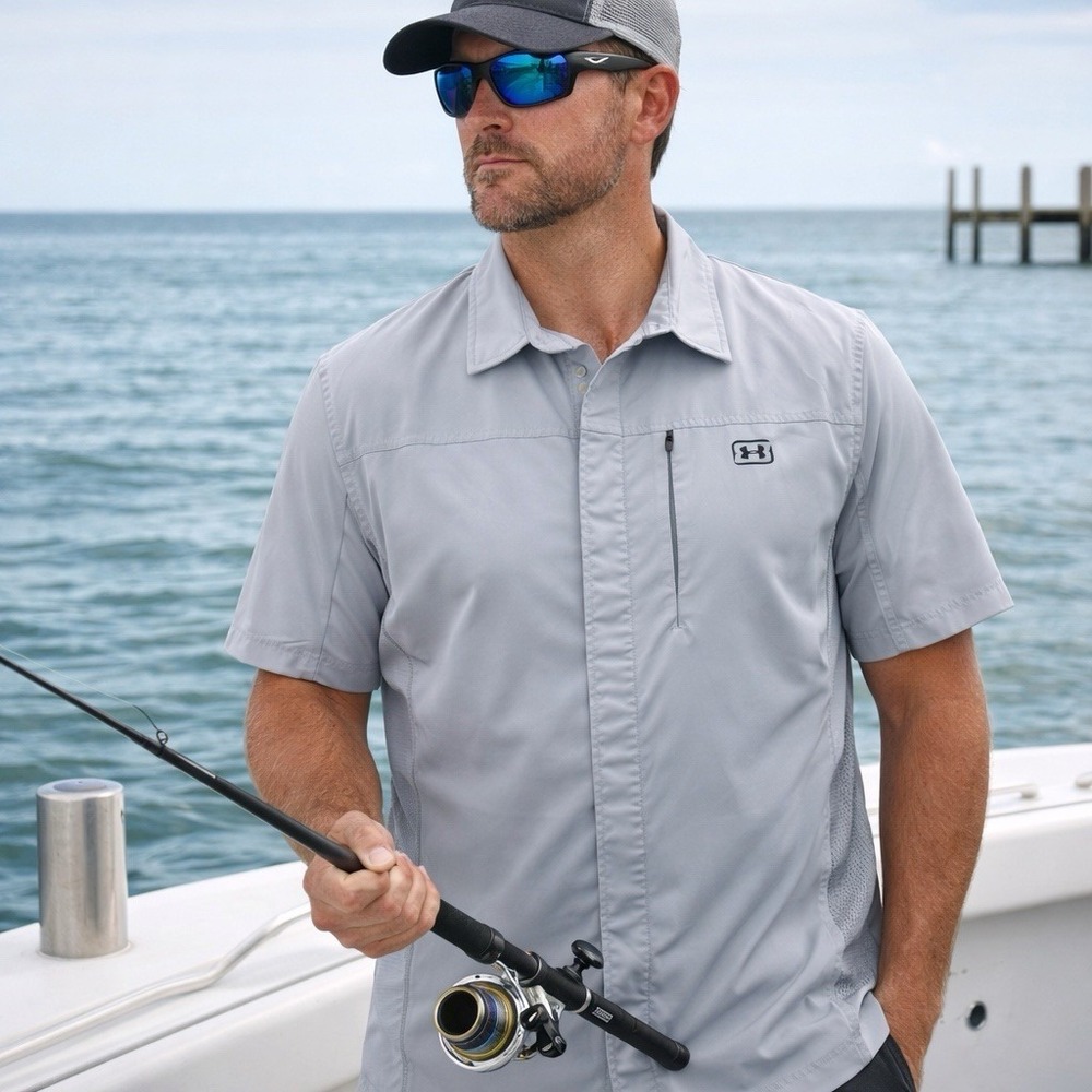 Under Armour Fish Pro Hybrid Snap Shirt Mens M Gray Short Sleeve Vented Fishing